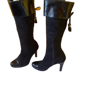 BCBGirls black synthetic with patent leather high heel tassel boots size 7.5